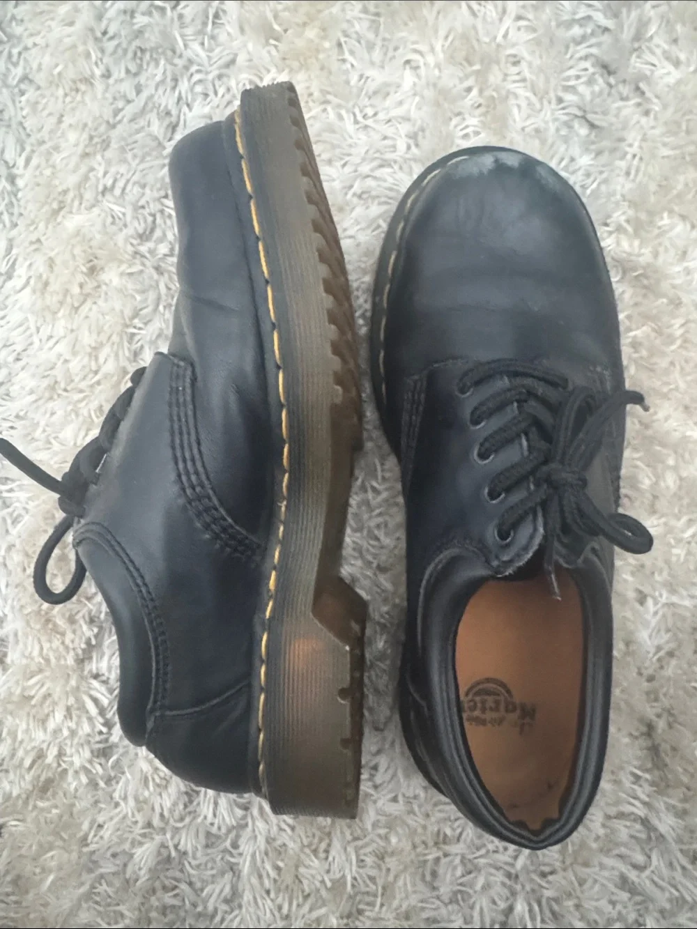 Dr. Martens Black Leather 3-Eye Derby Shoes with Yellow Stitching
